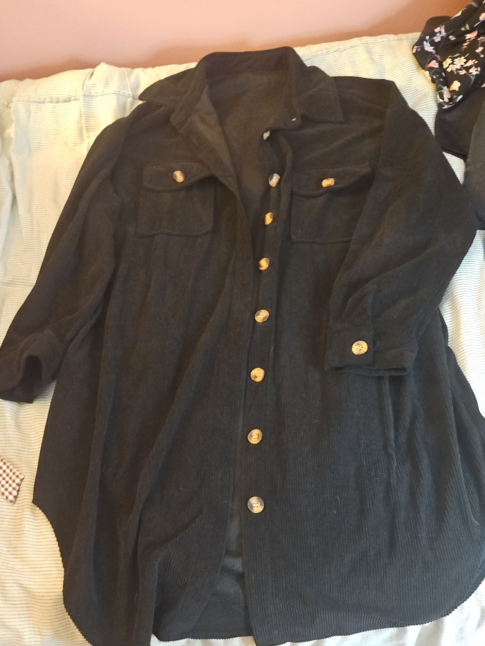 Long Black Corduroy Button-Up Shirt Jacket with Gold Buttons